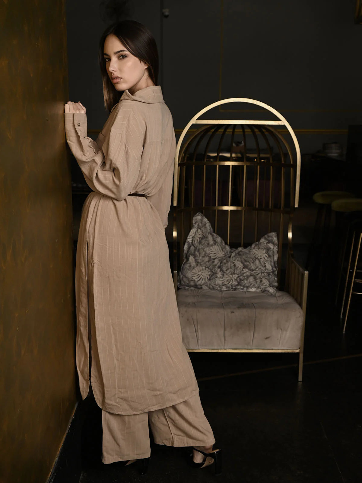 Odette Beige Cotton Linen Solid Co-Ord Set For Women