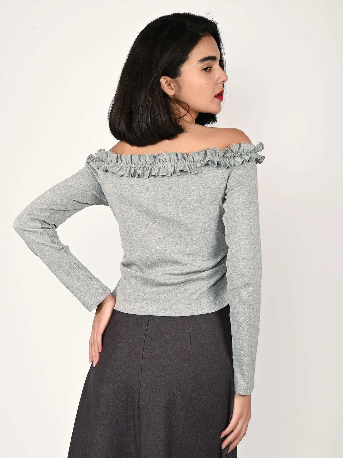 Odette Grey Cotton Rib Solid Top For Women