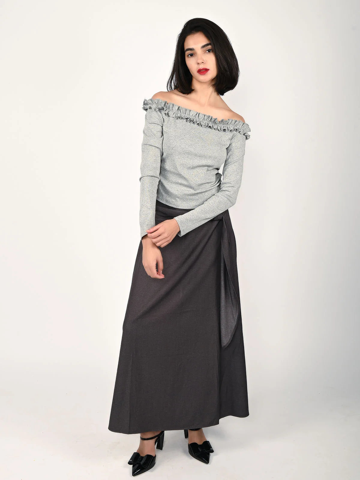 Odette Grey Cotton Rib Solid Top For Women