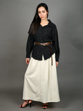 Odette Black Cotton Blend Striped Shirt With Waist Belt For Women