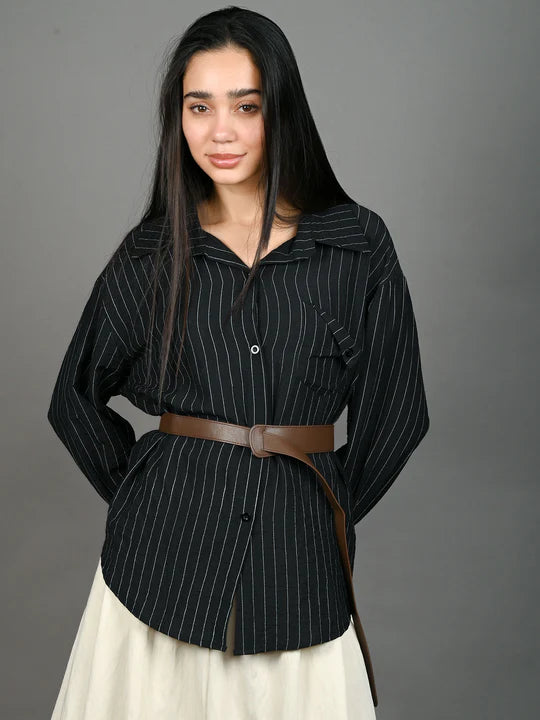 Odette Black Cotton Blend Striped Shirt With Waist Belt For Women