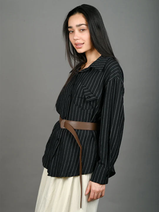 Odette Black Cotton Blend Striped Shirt With Waist Belt For Women
