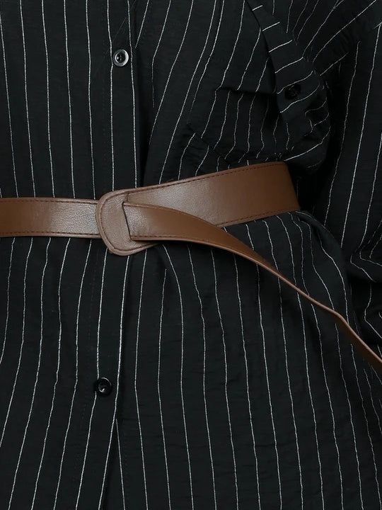 Odette Black Cotton Blend Striped Shirt With Waist Belt For Women