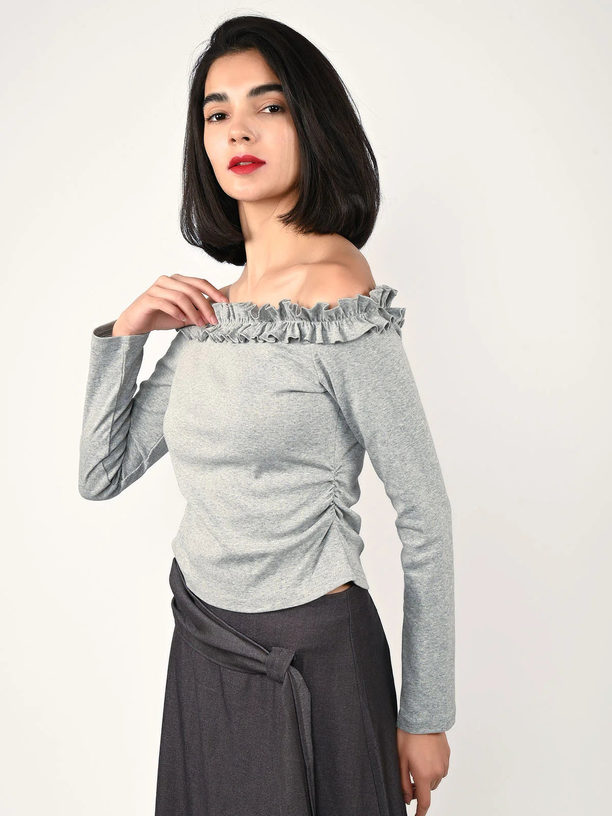 Odette Grey Cotton Rib Solid Top For Women